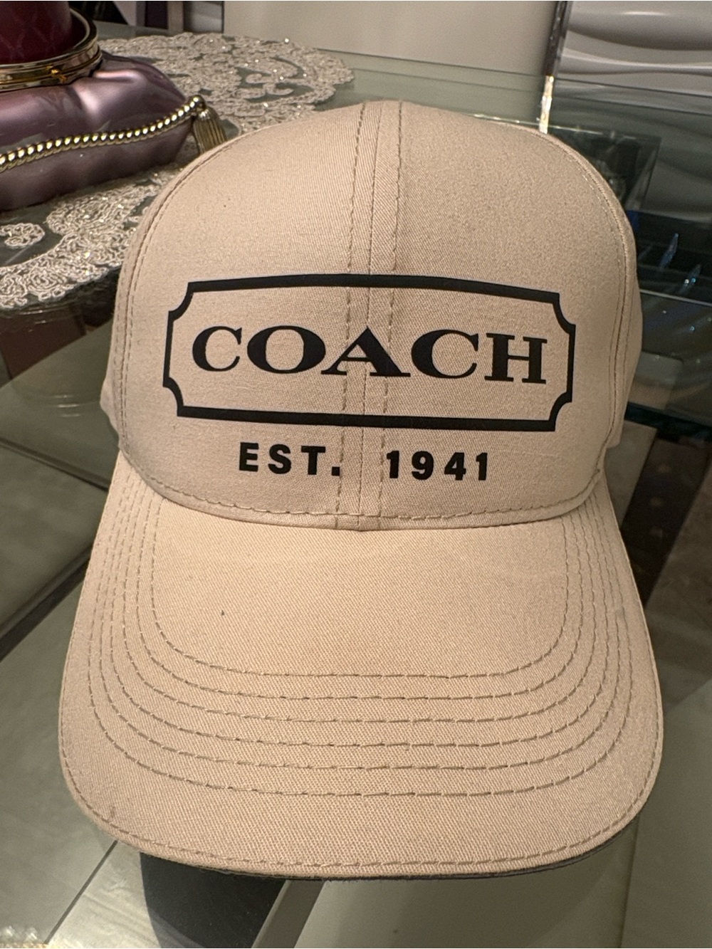Coach Beige Logo Baseball Hat with Black Print